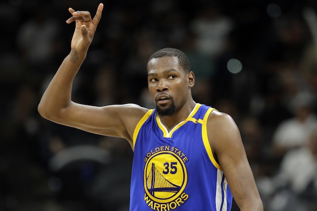 Golden State Warriors' Kevin Durant (35) celebrates a basket against the San Antonio Spurs during the second half in Game 4 of the NBA basketball Western Conference finals, Monday, May 22, 2017, in San Antonio. (AP Photo/Eric Gay)