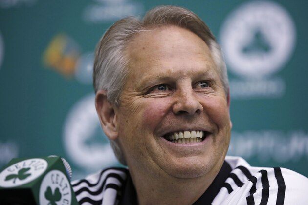 Danny Ainge, Boston Celtics president of basketball operations, smiles as he addresses reporters at the team's training facility in Waltham, Mass., Tuesday, May 16, 2017. The Celtics won the NBA draft lottery, capitalizing on a trade they made with the Brooklyn Nets four years ago. (AP Photo/Charles Krupa)