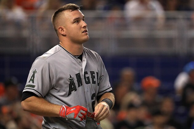 MIAMI, FL - MAY 28:  Mike Trout #27 of the Los Angeles Angels looks on during a game against the Miami Marlins at Marlins Park on May 28, 2017 in Miami, Florida.  (Photo by Mike Ehrmann/Getty Images)