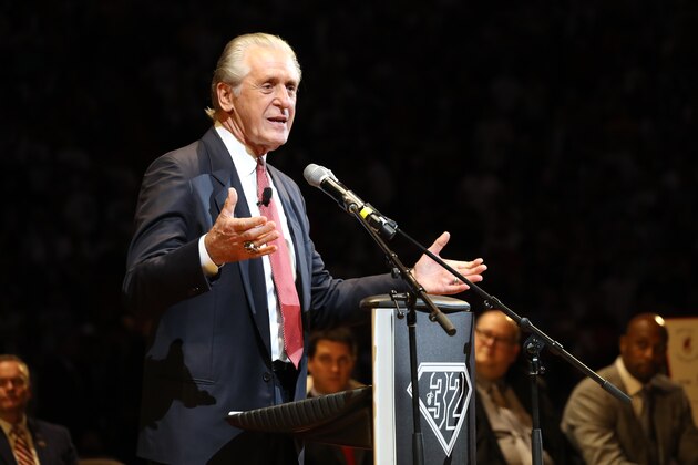 MIAMI, FL - DECEMBER 22:  Team President Pat Riley addresses the crowd as the Miami Heat retire Shaquille O'Neal's jersey number during a halftime ceremony during the game between the Miami Heat and Los Angeles Lakers on December 22, 2016 at American Airlines Arena in Miami, Florida. NOTE TO USER: User expressly acknowledges and agrees that, by downloading and/or using this photograph, user is consenting to the terms and conditions of the Getty Images License Agreement. Mandatory Copyright Notice: Copyright 2016 NBAE (Photo by Joe Murphy/NBAE via Getty Images)