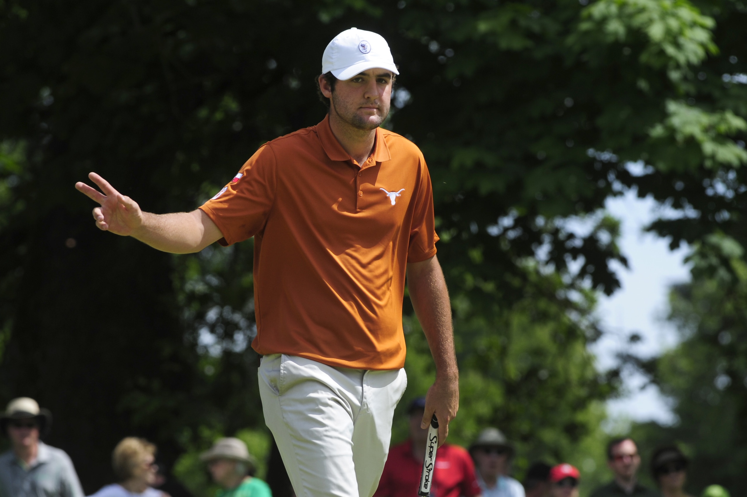 EUGENE, OR - JUNE 1: Scottie Scheffler of Texas reacts after sinking a putt during the final round of the 2016 NCAA Division I Men's Golf Championship at Eugene Country Club on June 1, 2016 in Eugene, Oregon. (Photo by Steve Dykes/Getty Images) EUGENE, OR - JUNE 1: Scottie Scheffler of Texas reacts after sinking a putt during the final round of the 2016 NCAA Division I Men's Golf Championship at Eugene Country Club on June 1, 2016 in Eugene, Oregon. (Photo by Steve Dykes/Getty Images)