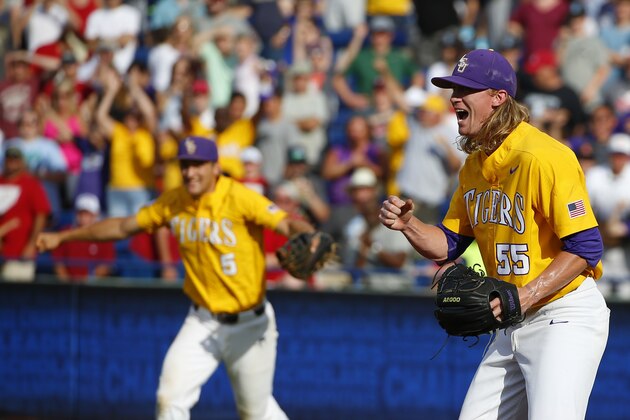 LSU pitcher Hunter Newman (55) reacts after the last out to beat Arkansas 4-2 during the ninth inning of the championship game in the Southeastern Conference NCAA college baseball tournament, Sunday, May 28, 2017, in Hoover, Ala. (AP Photo/Butch Dill)