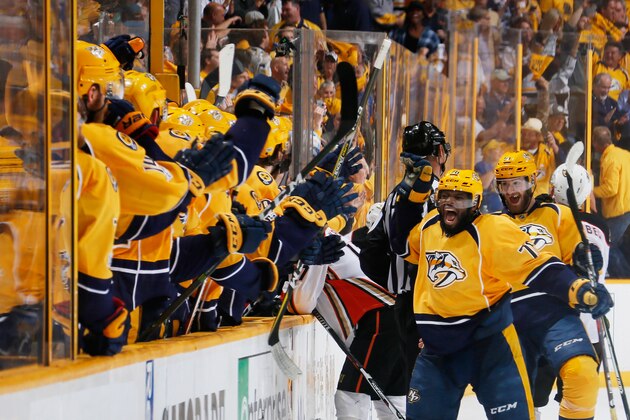 NASHVILLE, TN - MAY 22:  P.K. Subban #76 of the Nashville Predators celebrates with teammates after they scored during the third period against the Anaheim Ducks in Game Six of the Western Conference Final during the 2017 Stanley Cup Playoffs at Bridgestone Arena on May 22, 2017 in Nashville, Tennessee.  (Photo by Frederick Breedon/Getty Images)
