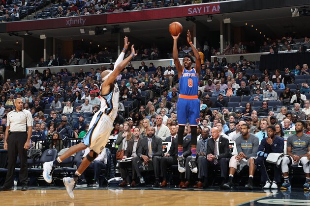 MEMPHIS, TN - APRIL 7:  Justin Holiday #8 of the New York Knicks shoots the ball during a game against the Memphis Grizzlies on April 7, 2017 at FedExForum in Memphis, Tennessee. NOTE TO USER: User expressly acknowledges and agrees that, by downloading and/or using this photograph, user is consenting to the terms and conditions of the Getty Images License Agreement. Mandatory Copyright Notice: Copyright 2017 NBAE (Photo by Joe Murphy/NBAE via Getty Images)
