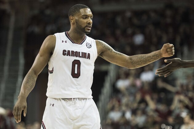South Carolina guard Sindarius Thornwell (0) celebrates a basket during the first half of an NCAA college basketball game against Auburn Tuesday, Jan. 24, 2017, in Columbia, S.C. South Carolina defeated Auburn 98-69. (AP Photo/Sean Rayford)