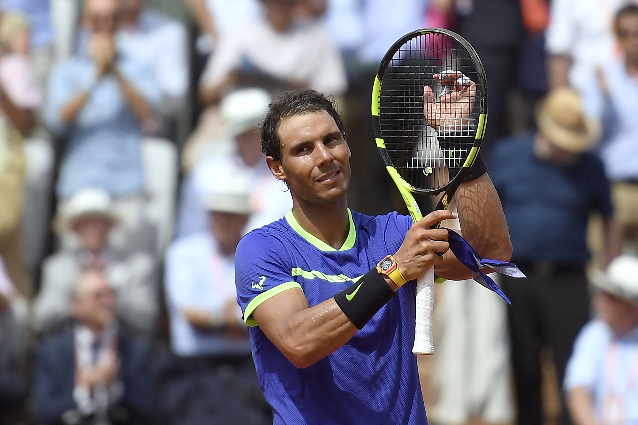 Spain's Rafael Nadal reacts after winning against France's Benoit Paire their tennis match at the Roland Garros 2017 French Open on May 29, 2017 in Paris.  / AFP PHOTO / Lionel BONAVENTURE        (Photo credit should read LIONEL BONAVENTURE/AFP/Getty Images)