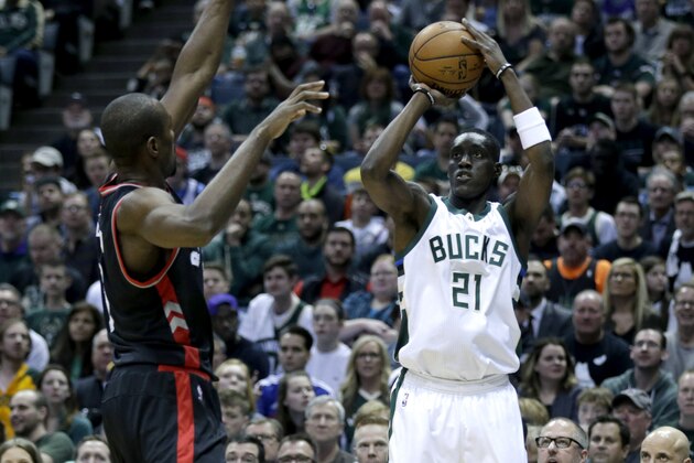 MILWAUKEE, WI - APRIL 22: Tony Snell #7 of the Milwaukee Bucks shoots a two pointer with Serge Ibaka #9 of the Toronto Raptors defending during the first half of Game Four of the Eastern Conference Quarterfinals during the 2017 NBA Playoffs at the BMO Harris Bradley Center on April 22, 2017 in Milwaukee, Wisconsin. NOTE TO USER: User expressly acknowledges and agrees that, by downloading and or using the photograph, User is consenting to the terms and conditions of the Getty Images License Agreement. (Photo by Mike McGinnis/Getty Images)