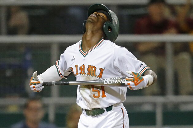CORAL GABLES, FL - April 21: James Davison #51 of the Miami Hurricanes reacts after striking out with the bases loaded in the fifth inning against the Florida State Seminoles on April 21, 2017 at Alex Rodriguez Park at Mark Light Field in Coral Gables, Florida. The Seminoles defeated the Hurricanes 6-3. (Photo by Joel Auerbach/Getty Images)