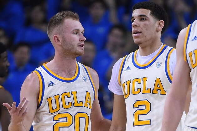 LOS ANGELES, CA - MARCH 4:  Bryce Alford #20 of the UCLA Bruins and Lonzo Ball #2 of the UCLA Bruins during the game against the Washington State Cougars at Pauley Pavilion on March 4, 2017 in Los Angeles, California. (Photo by Jayne Kamin-Oncea/Getty Images).