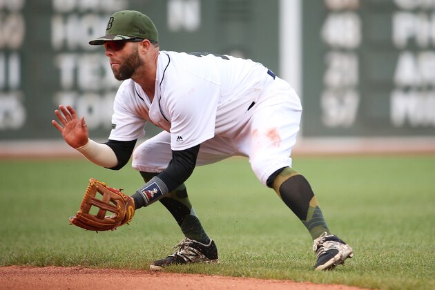 BOSTON, MA - MAY 27:  Dustin Pedroia #15 of the Boston Red Sox fields a ball in the sixth inning of a game against the Seattle Mariners at Fenway Park on May 27, 2017 in Boston, Massachusetts.  (Photo by Adam Glanzman/Getty Images)