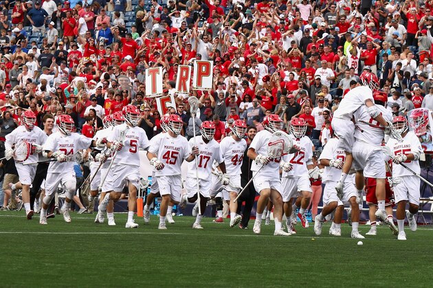 FOXBORO, MA - MAY 27:  Maryland celebrate after beating Denver in the semifinals of the NCAA D1 Mens Lacrosse during the Semifinals Men's Lacrosse Championship at Gillette Stadium on May 27, 2017 in Foxboro, Massachusett  (Photo by Omar Rawlings/Getty Images)