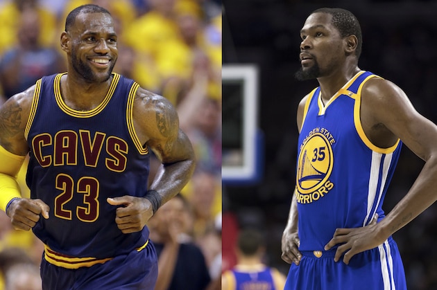 FILE - At left, in an April 20, 2017, file photo, Cleveland Cavaliers forward LeBron James smiles after hitting a basket against the Indiana Pacers during the second half of Game 3 of a first-round NBA basketball playoff series, in Indianapolis. At right, in a Feb. 27, 2017, file photo, Golden State Warriors' Kevin Durant looks on during the first half of an NBA basketball game against the Philadelphia 76ers, in Philadelphia. Kevin Durant looks at LeBron James from afar and marvels at how the Cavs main man keeps finding a way to take his game to another level, year after year. (AP Photo/File)