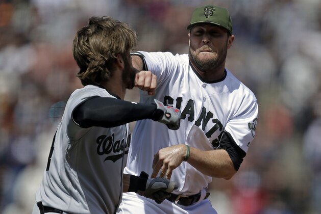 Washington Nationals' Bryce Harper, left, prepares to hit San Francisco Giants' Hunter Strickland after being hit with a pitch in the eighth inning of a baseball game Monday, May 29, 2017, in San Francisco. (AP Photo/Ben Margot)
