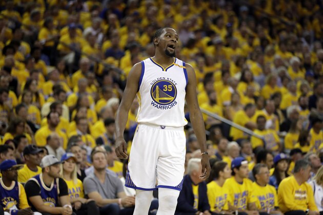 Golden State Warriors' Kevin Durant (35) reacts during the first half in Game 1 of an NBA basketball second-round playoff series against the Utah Jazz, Tuesday, May 2, 2017, in Oakland, Calif. (AP Photo/Marcio Jose Sanchez) Golden State Warriors' Kevin Durant (35) reacts during the first half in Game 1 of an NBA basketball second-round playoff series against the Utah Jazz, Tuesday, May 2, 2017, in Oakland, Calif. (AP Photo/Marcio Jose Sanchez)
