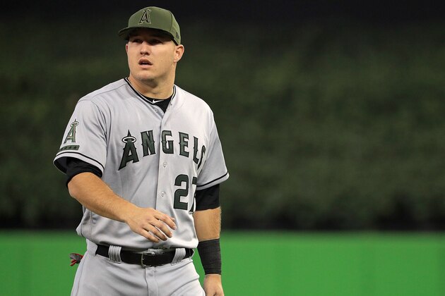 MIAMI, FL - MAY 28:  Mike Trout #27 of the Los Angeles Angels looks on during a game against the Miami Marlins at Marlins Park on May 28, 2017 in Miami, Florida.  (Photo by Mike Ehrmann/Getty Images)