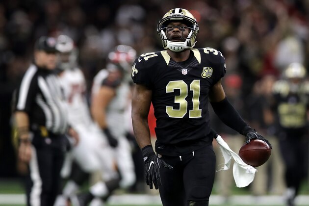 NEW ORLEANS, LA - DECEMBER 24:  Jairus Byrd #31 of the New Orleans Saints reacts after an interception against the Tampa Bay Buccaneers at the Mercedes-Benz Superdome on December 24, 2016 in New Orleans, Louisiana.  (Photo by Sean Gardner/Getty Images)