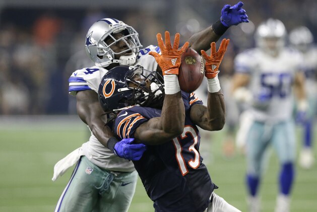 Dallas Cowboys cornerback Morris Claiborne (24) breaks up a pass attempt intended or Chicago Bears wide receiver Kevin White (13) in the second half of an NFL football game, Sunday, Sept. 25, 2016, in Arlington, Texas. (AP Photo/LM Otero)