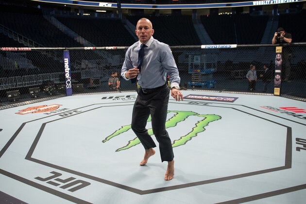 LAS VEGAS, NV - MARCH 03:  Georges St-Pierre warms up in the Octagon before the UFC press conference at T-Mobile arena on March 3, 2017 in Las Vegas, Nevada. (Photo by Brandon Magnus/Zuffa LLC/Zuffa LLC via Getty Images)