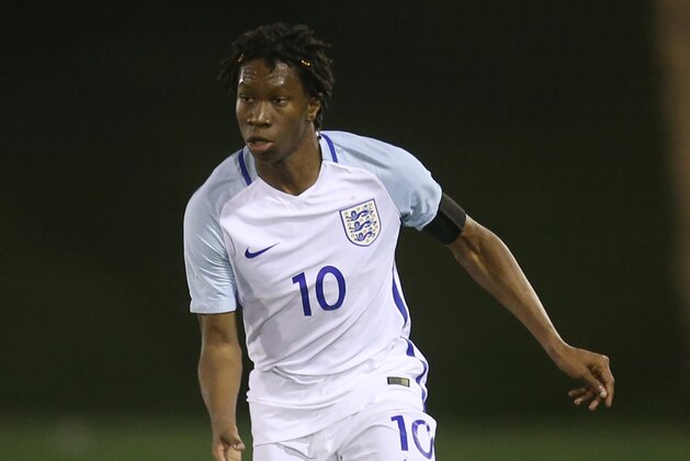 DOHA, QATAR - MARCH 24 :Tariq Uwakwe of England in action against during the England and Qatar U 18 friendly match at the Aspire pitch on March 24, 2017 in Doha, Qatar. (Photo by AK BijuRaj/Getty Images)