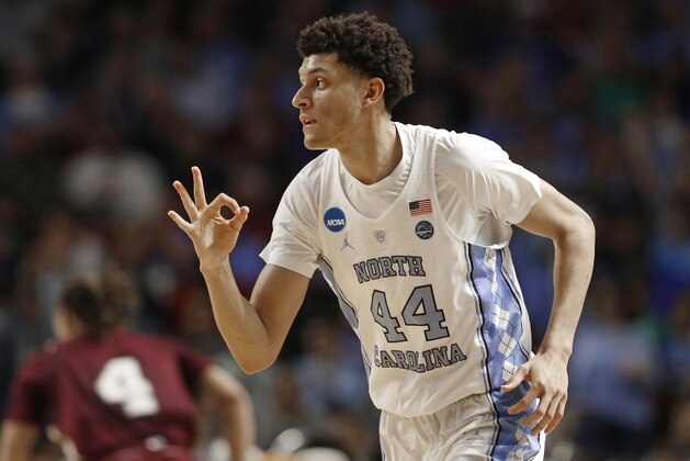 North Carolina's Justin Jackson (44) reacts after making a three-point basket against Texas Southern during the first half in a first-round game of the NCAA men's college basketball tournament in Greenville, S.C., Friday, March 17, 2017. (AP Photo/Chuck Burton)
