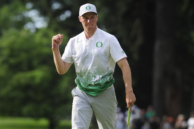 EUGENE, OR - JUNE 1: Sulman Raza of Oregon reacts to sinking a putt during the final round of the 2016 NCAA Division I Men's Golf Championship at Eugene Country Club on June 1, 2016 in Eugene, Oregon. (Photo by Steve Dykes/Getty Images)