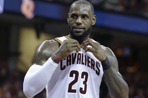 Cleveland Cavaliers' LeBron James (23) stares against the Boston Celtics during the first half of Game 4 of the NBA basketball Eastern Conference finals, Tuesday, May 23, 2017, in Cleveland. (AP Photo/Tony Dejak)