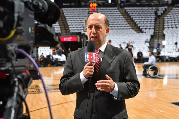 SAN ANTONIO, TX - MAY 20:  NBA TV Reporter, Jeff Van Gundy talks to the camera before Game Three of the Western Conference Finals between thge Golden State Warriors and the San Antonio Spurs during the 2017 NBA Playoffs on May 20, 2017 at the AT&T Center in San Antonio, Texas. NOTE TO USER: User expressly acknowledges and agrees that, by downloading and or using this photograph, user is consenting to the terms and conditions of the Getty Images License Agreement. Mandatory Copyright Notice: Copyright 2017 NBAE (Photos by Jesse D. Garrabrant/NBAE via Getty Images)
