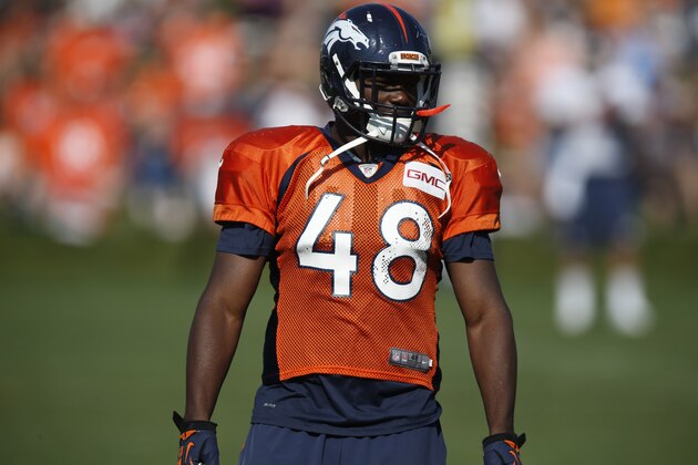 Denver Broncos linebacker Shaquil Barrett (48) during the morning session at the team's NFL football training camp Tuesday, Aug. 18, 2015, in Englewood, Colo. (AP Photo/David Zalubowski)