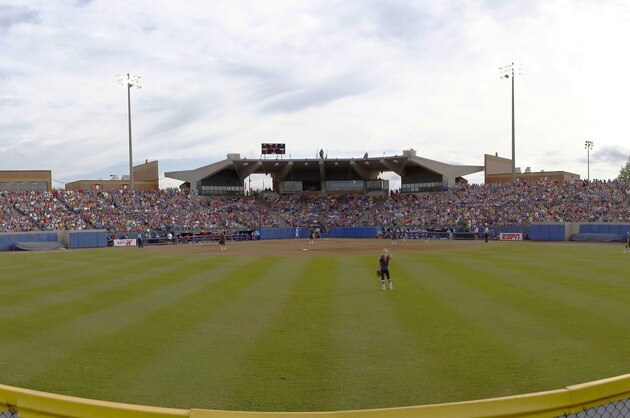 Fans fill the Hall of Fame Stadium at the NCAA Women's College World Series softball game in Oklahoma City, Friday, May 29, 2015. (AP Photo/Alonzo Adams)