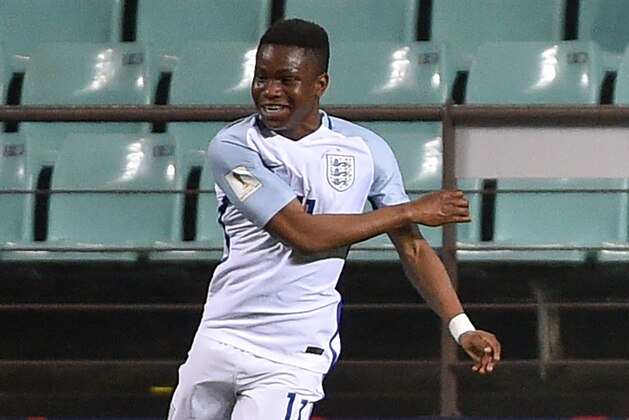 England's forward Ademola Lookman celebrates scoring during their U-20 World Cup round of 16 football match between England and Costa Rica in Jeonju on May 31, 2017. / AFP PHOTO / KIM DOO-HO        (Photo credit should read KIM DOO-HO/AFP/Getty Images)