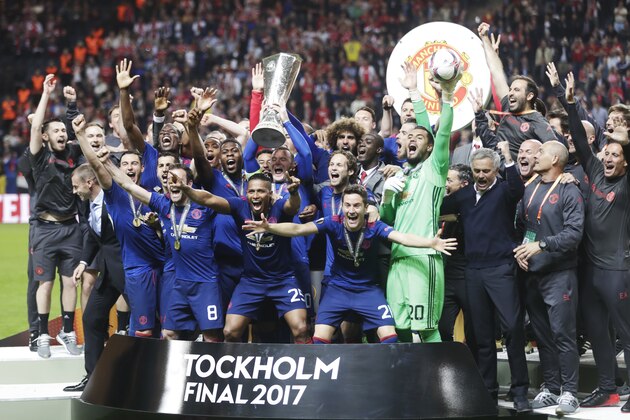STOCKHOLM, SWEDEN - MAY 24: Players of Manchester United celebrates after the victory during the UEFA Europa League Final between Ajax and Manchester United  at Friends Arena on May 24, 2017 in Stockholm, Sweden.  (Photo by Nils Petter Nilsson/Getty Images)