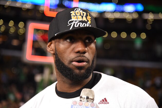 BOSTON, MA - MAY 25:  LeBron James #23 of the Cleveland Cavaliers talks to the media after defeating the Boston Celtics in Game Five of the Eastern Conference Finals of the 2017 NBA Playoffs on May 25, 2017 at the TD Garden in Boston, Massachusetts. NOTE TO USER: User expressly acknowledges and agrees that, by downloading and or using this photograph, User is consenting to the terms and conditions of the Getty Images License Agreement. Mandatory Copyright Notice: Copyright 2017 NBAE (Photo by Brian Babineau/NBAE via Getty Images)