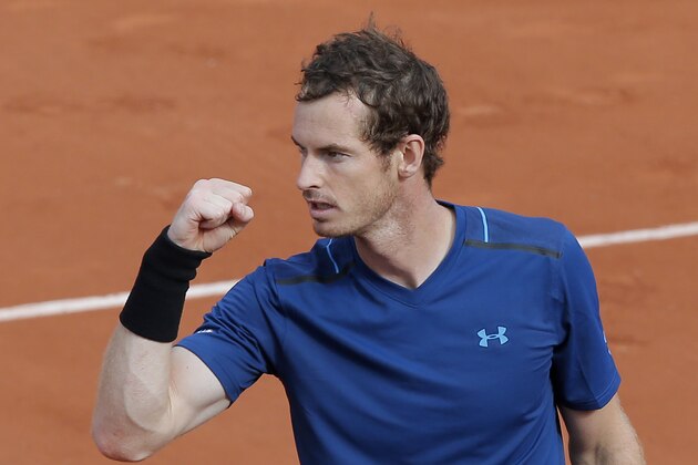 Britain's Andy Murray celebrates winning his first round match against Russia's Andrey Kuznetsov in four sets 6-4, 4-6, 6-2, 6-0, at the French Open tennis tournament at the Roland Garros stadium, in Paris, France. Tuesday, May 30, 2017. (AP Photo/Michel Euler)