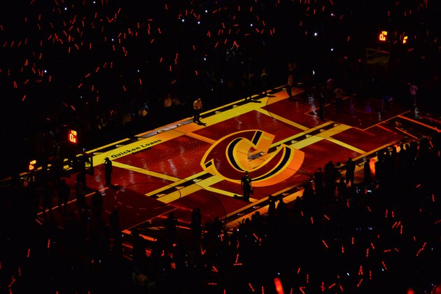 CLEVELAND, OH - JUNE 11:  Here is a photograph from above of the Cleveland Cavaliers logo prior to the game against the Golden State Warriors at the Quicken Loans Arena During Game Four of the 2015 NBA Finals on June 11, 2015 in Cleveland,Ohio NOTE TO USER: User expressly acknowledges and agrees that, by downloading and/or using this Photograph, user is consenting to the terms and conditions of the Getty Images License Agreement. Mandatory Copyright Notice: Copyright 2015 NBAE (Photo by Jesse D. Garrabrant/NBAE via Getty Images)
