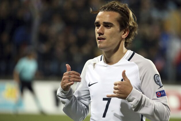 France's Antoine Griezmann celebrates his goal during their World Cup 2018 Group A qualifying soccer match against Luxembourg at the Josy Barthel stadium in Luxembourg on Saturday, March 25, 2017. (AP Photo/Olivier Matthys)