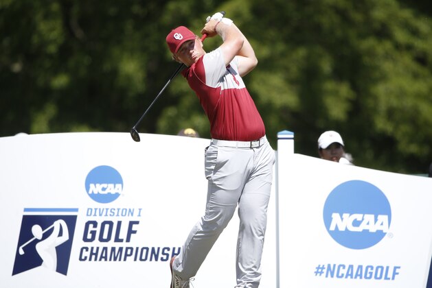 Oklahoma's Brad Dalke watches his tee shot on the final round of the NCAA Division I Men's Golf Championships against Oregon at Rich Harvest Farms Wednesday, May 31, 2017, in Sugar Grove, Ill. (AP Photo/Charles Rex Arbogast)