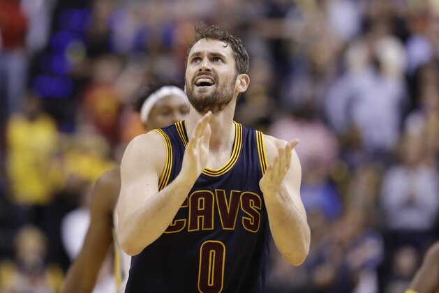 Cleveland Cavaliers' Kevin Love in action during the second half in Game 4 of a first-round NBA basketball playoff series against the Indiana Pacers, Sunday, April 23, 2017, in Indianapolis. Cleveland defeated Indiana 106-102 and won the series 4-0. (AP Photo/Darron Cummings)