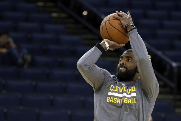 Cleveland Cavaliers' Kyrie Irving shoots during an NBA basketball practice, Wednesday, May 31, 2017, in Oakland, Calif. The Cavaliers face the Golden State Warriors in Game 1 of the NBA Finals on Thursday in Oakland. (AP Photo/Marcio Jose Sanchez)
