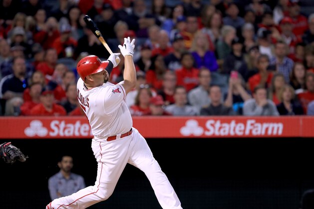 ANAHEIM, CA - MAY 30:  Albert Pujols #5 of the Los Angeles Angels hits his 599th homerun for his career with two men on base to take a 3-2 lead over the Atlanta Braves during the third inning at Angel Stadium of Anaheim on May 30, 2017 in Anaheim, California.  (Photo by Harry How/Getty Images)