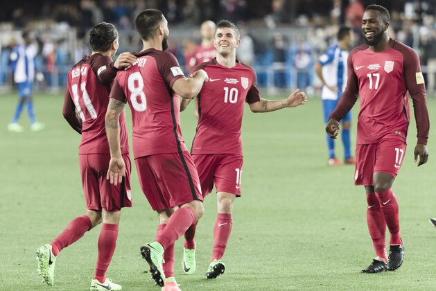 SAN JOSE, CA - MARCH 24:  Christian Pulisic #10, Jozy Altidore #17, and Alejandro Bedoya congratulate Clint Dempsey #8 of the United States after Dempsey scored his third goal of the FIFA 2018 World Cup Qualifier match between the United States and Honduras on March 24, 2017 at Avaya Stadium in San Jose, California.  (Photo by David Madison/Getty Images)