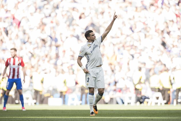 MADRID, SPAIN - APRIL 08: Kepler Laveran Lima Ferreira Pepe of Real Madrid celebrates scoring during their La Liga match between Real Madrid and Atletico de Madrid at the Santiago Bernabeu Stadium on 08 April 2017 in Madrid, Spain. Photo by Diego Gonzalez Souto / Power Sport Images