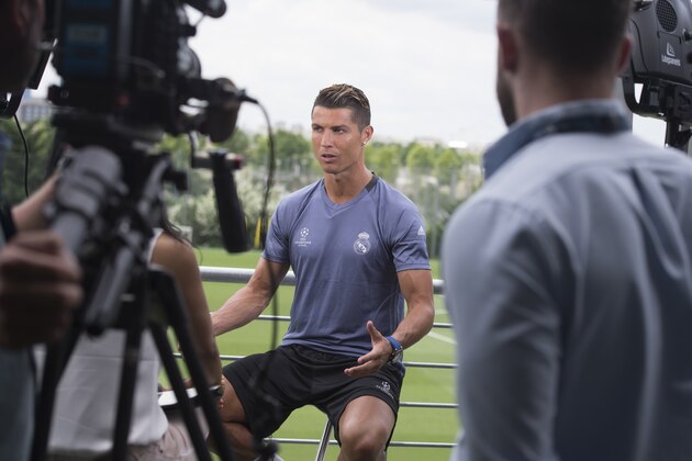 MADRID, SPAIN - MAY 30:  Cristiano Ronaldo of Real Madrid CF gives an interview at the Real Madrid UEFA Open Media Day at Valdebebas training ground on May 30, 2017 in Madrid, Spain.  (Photo by Denis Doyle/Getty Images )