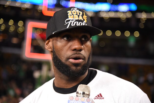 BOSTON, MA - MAY 25: LeBron James #23 of the Cleveland Cavaliers talks to the media after defeating the Boston Celtics in Game Five of the Eastern Conference Finals of the 2017 NBA Playoffs on May 25, 2017 at the TD Garden in Boston, Massachusetts. NOTE TO USER: User expressly acknowledges and agrees that, by downloading and or using this photograph, User is consenting to the terms and conditions of the Getty Images License Agreement. Mandatory Copyright Notice: Copyright 2017 NBAE (Photo by Brian Babineau/NBAE via Getty Images) BOSTON, MA - MAY 25: LeBron James #23 of the Cleveland Cavaliers talks to the media after defeating the Boston Celtics in Game Five of the Eastern Conference Finals of the 2017 NBA Playoffs on May 25, 2017 at the TD Garden in Boston, Massachusetts. NOTE TO USER: User expressly acknowledges and agrees that, by downloading and or using this photograph, User is consenting to the terms and conditions of the Getty Images License Agreement. Mandatory Copyright Notice: Copyright 2017 NBAE (Photo by Brian Babineau/NBAE via Getty Images)