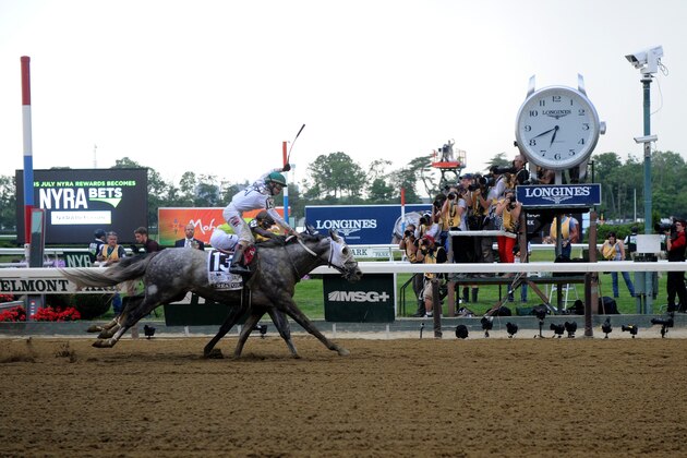 IMAGE DISTRIBUTED FOR LONGINES - Creator, ridden by jockey Irad Ortiz, Jr., edges out Destin to win the 148th Belmont Stakes, Saturday, June 11, 2016, at Belmont Park in Elmont, NY. Longines, the Swiss watchmaker known for its elegant timepieces, is the Official Watch and Timekeeper of the 148th running of the Belmont Stakes. (Diane Bondareff/AP Images for Longines)