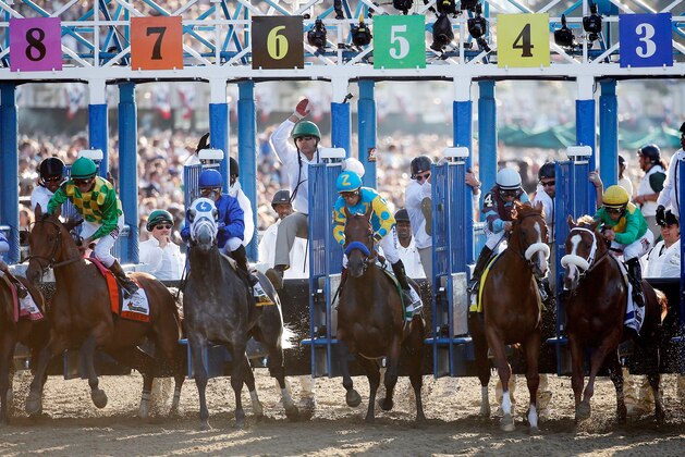 ELMONT, NY - JUNE 06:  The field leaves the starting gate at the beginning of the 147th running of the Belmont Stakes at Belmont Park on June 6, 2015 in Elmont, New York.  (Photo by Rob Carr/Getty Images)