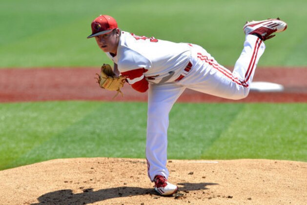 FILE - In this June 11, 2016, file photo, Louisville pitcher Brendan McKay throws against UC Santa Barbara during an NCAA college baseball tournament super regional game in Louisville, Ky. McKay was named the Atlantic Coast Conference's Player of the Year by league coaches Monday, May 22, 2017. (AP Photo/Timothy D. Easley, File)