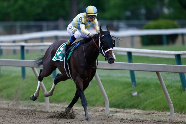 BALTIMORE, MD - MAY 20:  Classic Empire #5 ridden by Julien Leparoux leads the field around the fourth turn during the 142nd running of the Preakness Stakes at Pimlico Race Course on May 20, 2017 in Baltimore, Maryland.  (Photo by Matt Hazlett/Getty Images)