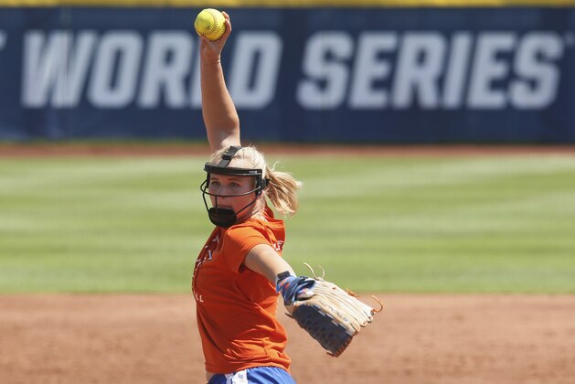 Florida national player of the year Kelly Barnhill pitches during a practice in Oklahoma City, Wednesday, May 31, 2017. Florida faces Texas A&M in the opening game of the Women's College World Series on Thursday, June, 1, 2017. (AP Photo/Sue Ogrocki)