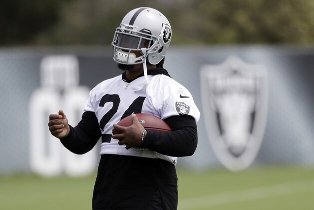 Oakland Raiders running back Marshawn Lynch (24) during the team's organized team activity at its NFL football training facility Tuesday, May 30, 2017, in Alameda, Calif. (AP Photo/Marcio Jose Sanchez)