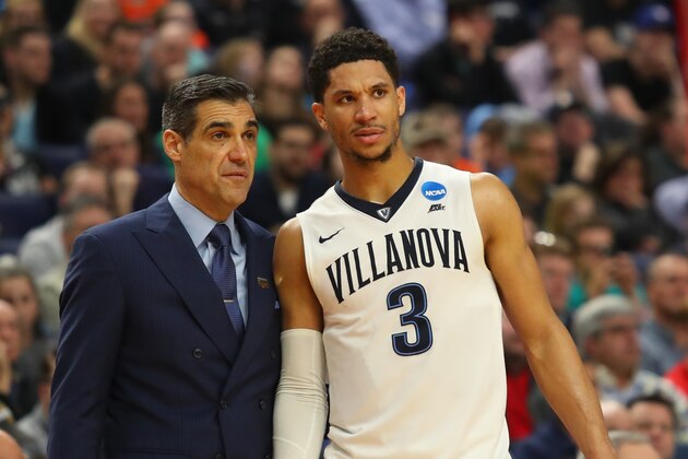 Villanova head coach Jay Wright and Josh Hart (3) talk during the second half of a second-round men's college basketball game against Wisconsin in the NCAA Tournament, Saturday, March 18, 2017, in Buffalo, N.Y. Wisconsin won, 65-62.  (AP Photo/Bill Wippert)